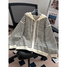 批发韩系条纹连帽拉链毛衣<b class='q'>卫衣</b>外套女秋外穿宽松慵懒百搭针织<b class='q'>开衫</b>上衣