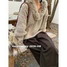 批发咖色毛毛V领套头蝙蝠袖毛衣女秋冬季内搭慵懒<b class='q'>气质</b>宽松针织衫上衣