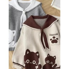 批发海军领学院风可爱小猫套头毛衣女宽松外穿春秋<b class='q'>冬</b>2025新设计感外套