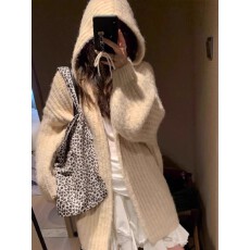 批发慵懒感软糯连帽毛衣外套女2025秋冬韩系宽松中长款针织<b class='q'>外</b><b class='q'>搭</b>大衣厚