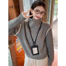 批发半拉链高领毛衣女2025秋冬新款宽松设计感小众别致长袖针织衫上衣