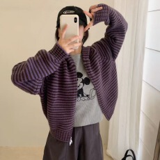 批发韩系复古撞色条纹连帽针织开衫女秋冬新款宽松百搭毛衣<b class='q'>外套</b>潮