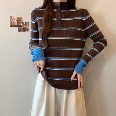 小众复古条纹拼色打底衫上衣女秋冬季chic纽扣半高领修身针织毛衣