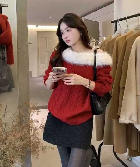 한 부서 오프숄더 모피 칼라 긴팔 스웨터 여자 가을 겨울 순수한 욕망 품격 루즈핏 슬림해 보이는 느긋한 풀오버 오프숄더 맨위