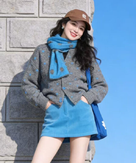 한 부서 작은 샤넬 스타일 회색 도트 무늬 니트 오픈 가디건 여성 가을 겨울 느긋한 고급 센스 스카프 스웨터 코트 투피스 세트