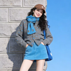 批发韩系小香风灰色波点针织开衫女秋冬慵懒高级感围巾毛衣外套两件套