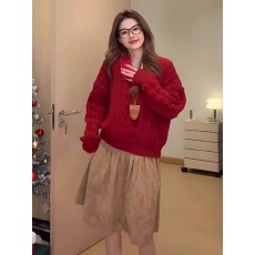 红色波点假两件套头毛衣女秋冬氛围感穿搭圣诞新年漂亮针织衫上衣