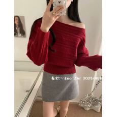 批发时髦精<b class='q'>轻熟</b>风一字肩绞花毛衣2025法式千金气质氛围感露肩