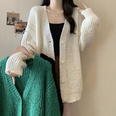 批发实拍大宽松慵懒风高级感V领毛衣<b class='q'>女</b>秋冬中长款不规则针织开衫外套