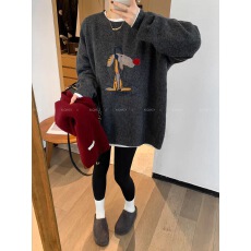 批发爱情魔鬼鱼 灰色圆领长袖卡通针织衫女2025冬季新款宽松百搭上衣