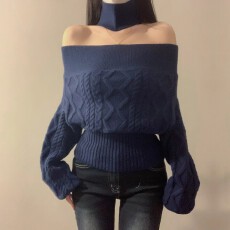 批发韩系复古一字肩两穿麻花粗织<b class='q'>毛衣</b>女秋冬设计感小众针织衫漂亮上衣