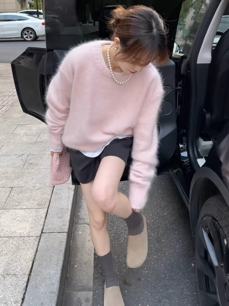 우유 씽 하는 소리 연령 감소 핑크색 밍크 플리스 부드러운 찹쌀 스웨터 여자 가을 겨울 느긋한 바람 고급 센스 니트 스웨터 인사이드 잡아라. 의류