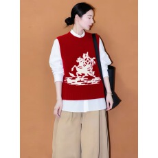 批发独特漂亮叠穿巨好看的马上有钱花红色针织<b class='q'>马甲</b><b class='q'>女款</b>2026年新款冬季