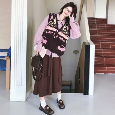批发粉色提花针织马甲衬衫女早春秋费尔岛穿搭