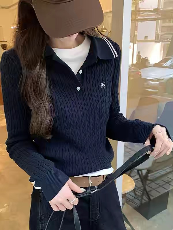 가을 겨울철 miu 인사이드 miu 가스 학원 스타일 POLO 칼라 꽈배기 니트 스웨터 예쁜 스웨터 여성 코트 인사이드 잡아라. 의류