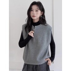 批发浅灰色半拉链圆领坎肩针织马甲秋冬季衬衫外搭叠穿格雷系毛衣背心