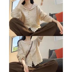 批发法式复古镂空钩花海军领针织<b class='q'>外套</b>女装春夏新款慵懒风百搭显瘦开衫