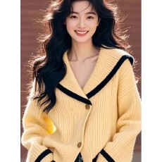 批发<b class='q'>羊绒</b>衫黄色海军领针织开衫女秋冬季宽松加厚毛衣慵懒风设计感上衣