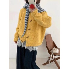批发韩版温柔风圆领木质扣纯色软糯毛衣<b class='q'>外套</b>休闲百搭慵懒风针织开衫女