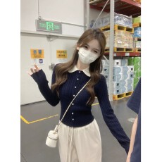 张元一同款女装夏季款韩系娃娃领修身黑色小衫小个子时髦短袖上衣