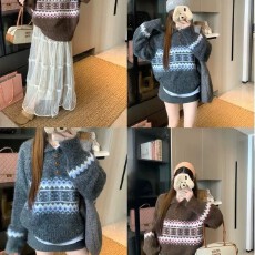 批发大码慵懒风翻领正肩毛衣女秋冬胖mm显瘦宽松设计感撞色针织衫上衣