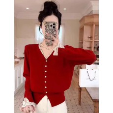 批发法式V领蕾<b class='q'>丝</b>边针织开衫女早秋新款短毛衣外套掐腰显瘦高级感上衣