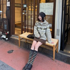 批发绵羊毛混纺费尔岛撞色翻领针织开衫女2025<b class='q'>冬</b>新款拉链毛衣