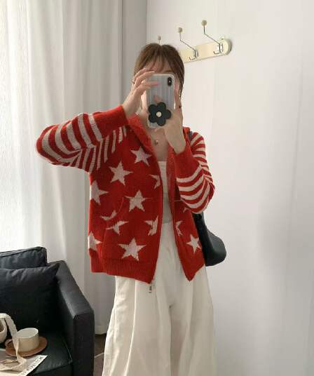 아메리칸 별 스트라이프 후드 니트 오픈 가디건 여성 이른 봄 새로운 루즈핏 느긋한 스웨터