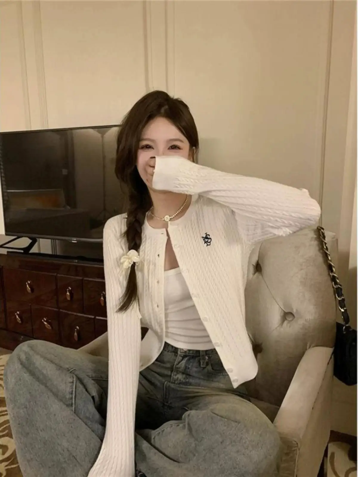 레트로 프레피 꽈배기 니트 가디건 상세 이미지 4
