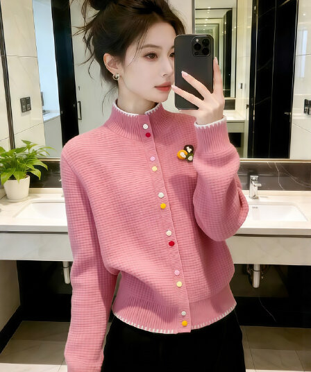 가을 겨울 벨벳 색상 버튼 털 니트 오픈 가디건 라운드 넥 긴팔 반하이넥 스웨터 코트