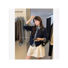 批发韩系时髦衬衣领假两件<b class='q'>牛仔</b>拼接翻领毛衣开衫女早春针织外套上衣