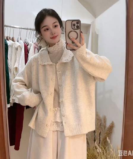모리 소녀 작은 폴로 칼라 니트 오픈 가디건 여성 루즈핏 다용도 작은 청신 연령 감소 단색 레이스 패치워크 스웨터 코트