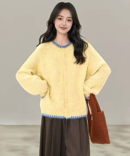 레트로 배색 라운드 넥 니트 오픈 가디건 기타 색상 입력 느긋한 루즈핏 슬림해 보이는 부드러운 찹쌀 모피 스웨터 여자