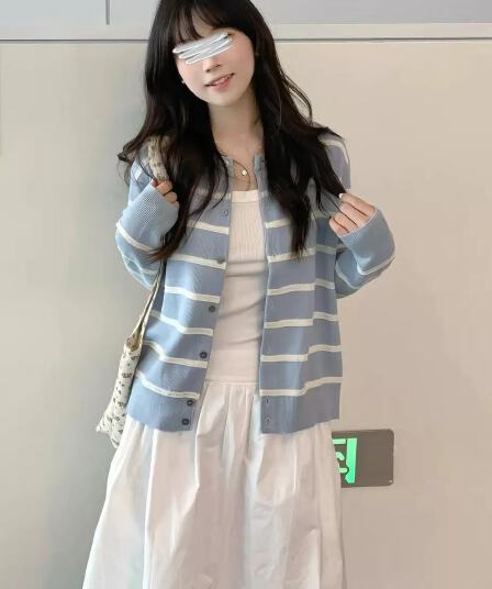 우유 파란색 스트라이프 패치워크 색상 스웨터 오픈 가디건 한 부서 부드러운 바람 작은 키 부드러운 찹쌀 baby 블루 니트 스웨터 여성 코트