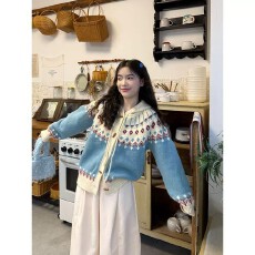 批发费尔岛提花长袖毛衣女2026秋冬新款学院风连帽<b class='q'>开衫</b>减龄针织衫上衣