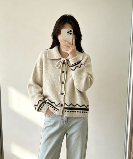 폴로 칼라 레이스업 스웨터 여성 코트 가을 겨울 새로운 그리드 레이 부서 회색 니트 오픈 가디건 레트로 자카드 맨위