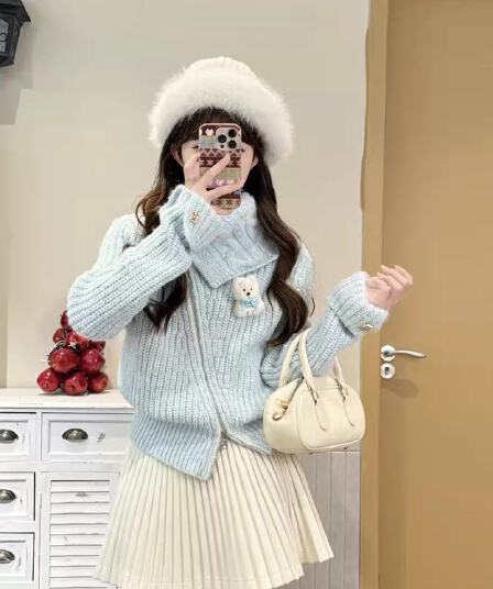 프랑스식 달콤한 스타일 불규칙 지퍼 반하이넥 니트 스웨터 여성 가을 겨울 새로운 부드러운 바람 연령 감소 다용도 재킷