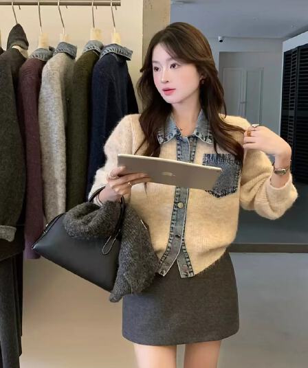 한 부서 디자인 센스 POLO 칼라 데님 패치워크 니트 오픈 가디건 여성 봄 가을 겨울 새로운 다용도 스웨터 품격 재킷