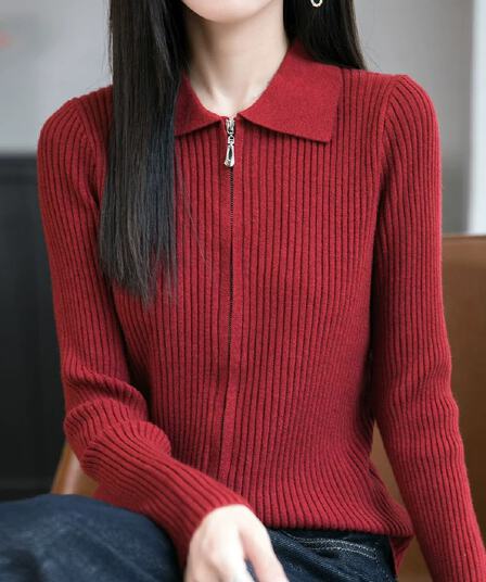 봄 가을 새로운 POLO 칼라 순양모 더블 지퍼 니트 카디건 코트 카디건 폴로 칼라 만나는 스웨터 여자
