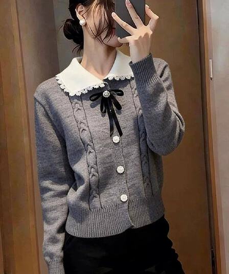학원 스타일 베이비 칼라 나비 매듭 니트 오픈 가디건 여성 가을 겨울 한 부서 다용도 연령 감소 스웨터 코트 쇼트 스타일 맨위