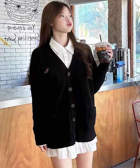 한 부서 느긋한 스웨터 여성 코트 가을 검정색 V넥 니트 오픈 가디건 루즈핏 슬림해 보이는 학원 스타일 부드러운 찹쌀 맨위
