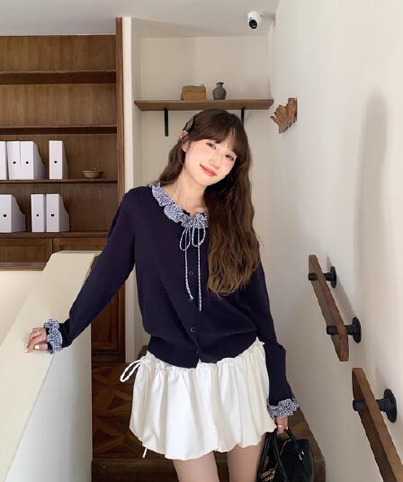 달콤함 레이스 페이크 레이어드 니트 오픈 가디건 2026 가을 새로운 한 부서 품격 슬림해 보이는 맨위 여성