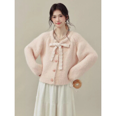 批发欧阳喜粉童话蝴蝶结绑带女士秋冬季粉色<b class='q'>毛衣</b>毛织开衫内搭上衣