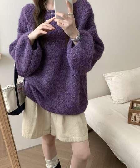 한 부서 스웨터 여성 짧은 풀오버 가을 겨울철 외출용 루즈핏 느긋한 바람 거품 소매 광택 실 니트 스웨터 맨위