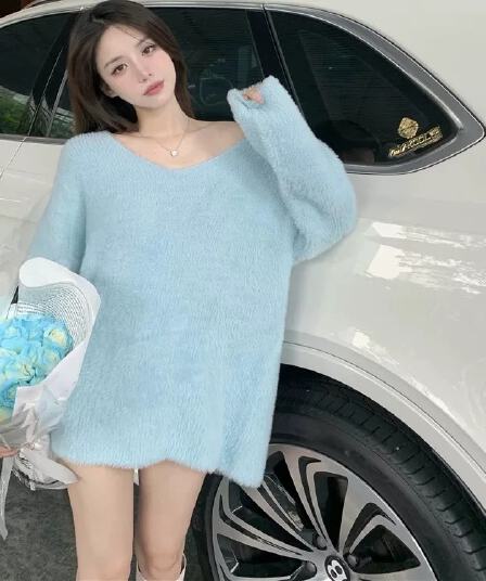 따뜻한 부드럽다 찹쌀 부서 밍크 플리스 스웨터 여자 가을 겨울 루즈핏 느긋한 바람 V넥 중간 길이 니트 스웨터 맨위
