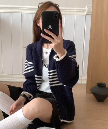 가을철 일기 바닐라 아이스크림 색상 일치 폴로 칼라 더블 지퍼 스웨터 코트 루즈핏 니트 맨위 오픈 가디건