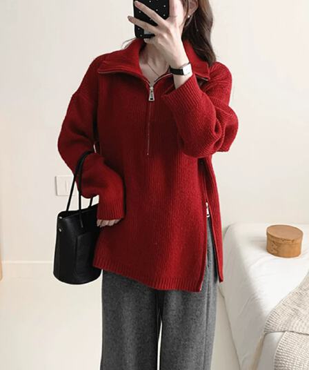 폴로 칼라 화이트 하프 지퍼 스웨터 여자 가을 계절의 겨울 새로운 루즈핏 풀오버 트임 인사이드 가져 가라. 만나는 니트 스웨터 맨위