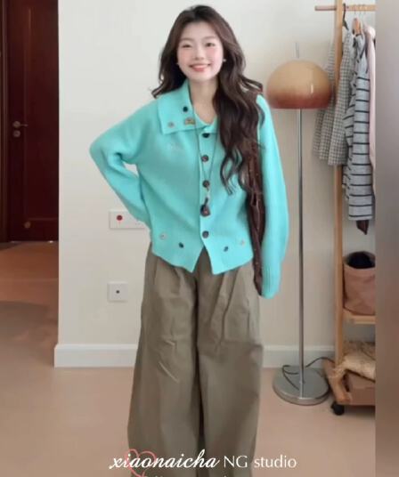 느긋한 바람 파란색 폴로 칼라 부드러운 찹쌀 스웨터 여성 코트 가을 겨울 새로운 작은 키 루즈핏 슬림해 보이는 니트 오픈 가디건 트렌디