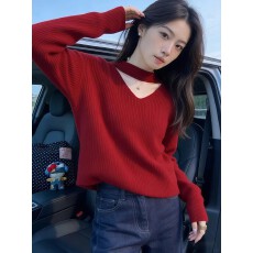 批发小个子设计感红色宽松毛衣女百搭秋冬新款宽松洋气针织打底衫上衣