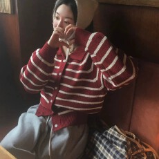批发韩国秋冬学院风复古单排扣翻领条纹针织衫女百搭休闲毛衣外套